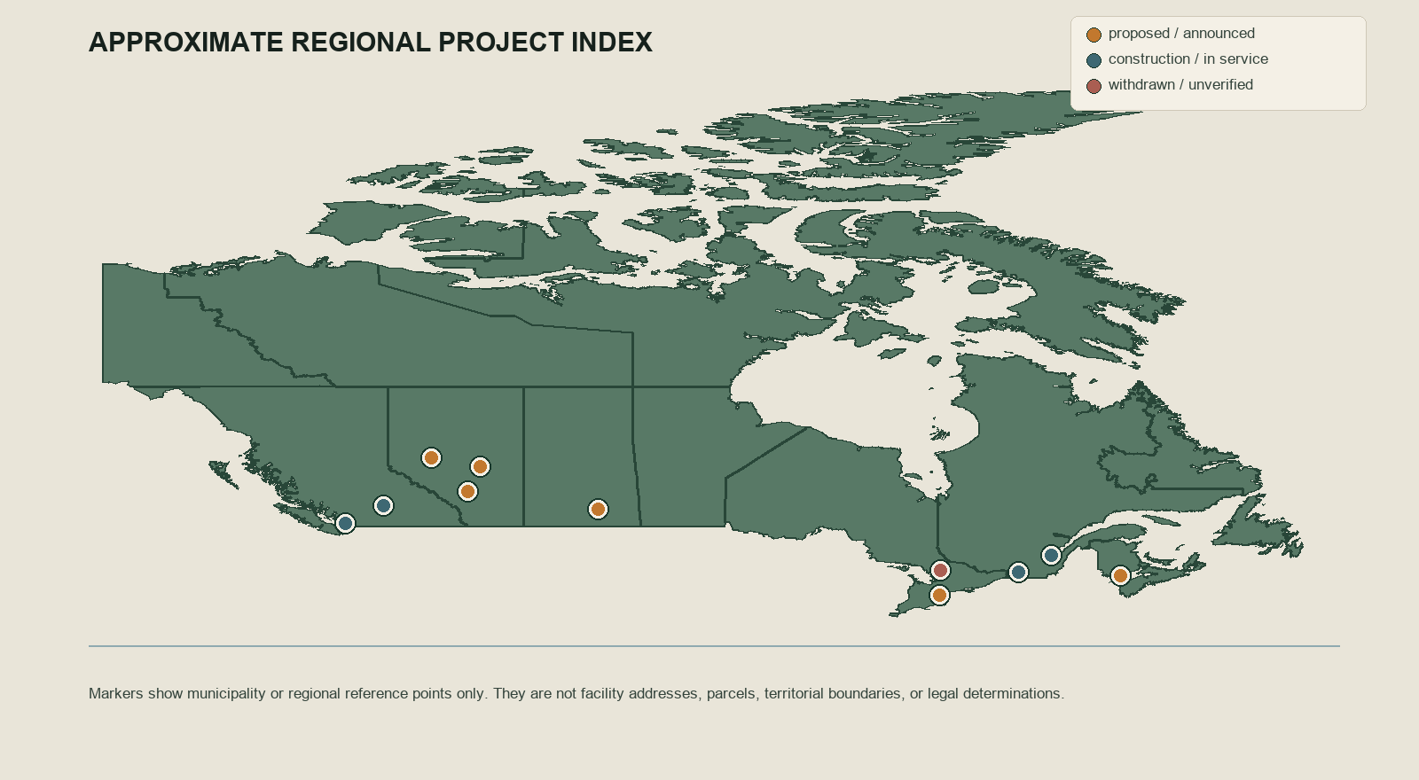 Static Canada project index map showing approximate regional markers for tracker records